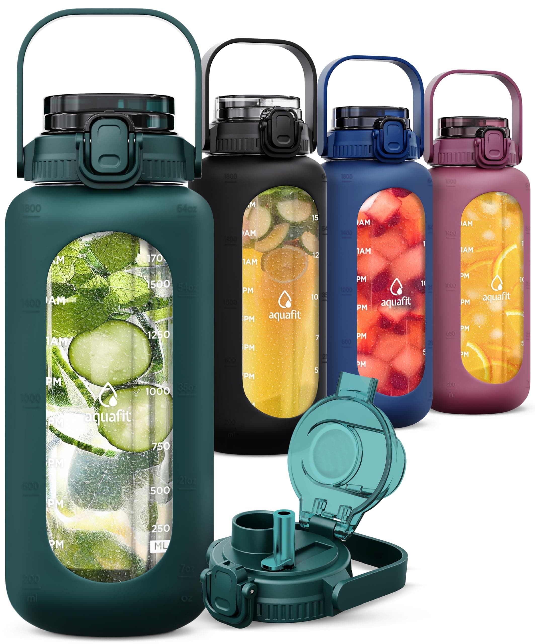 64 oz AQUAFIT Glass Water Bottle with Time Marker - Leakproof - Green