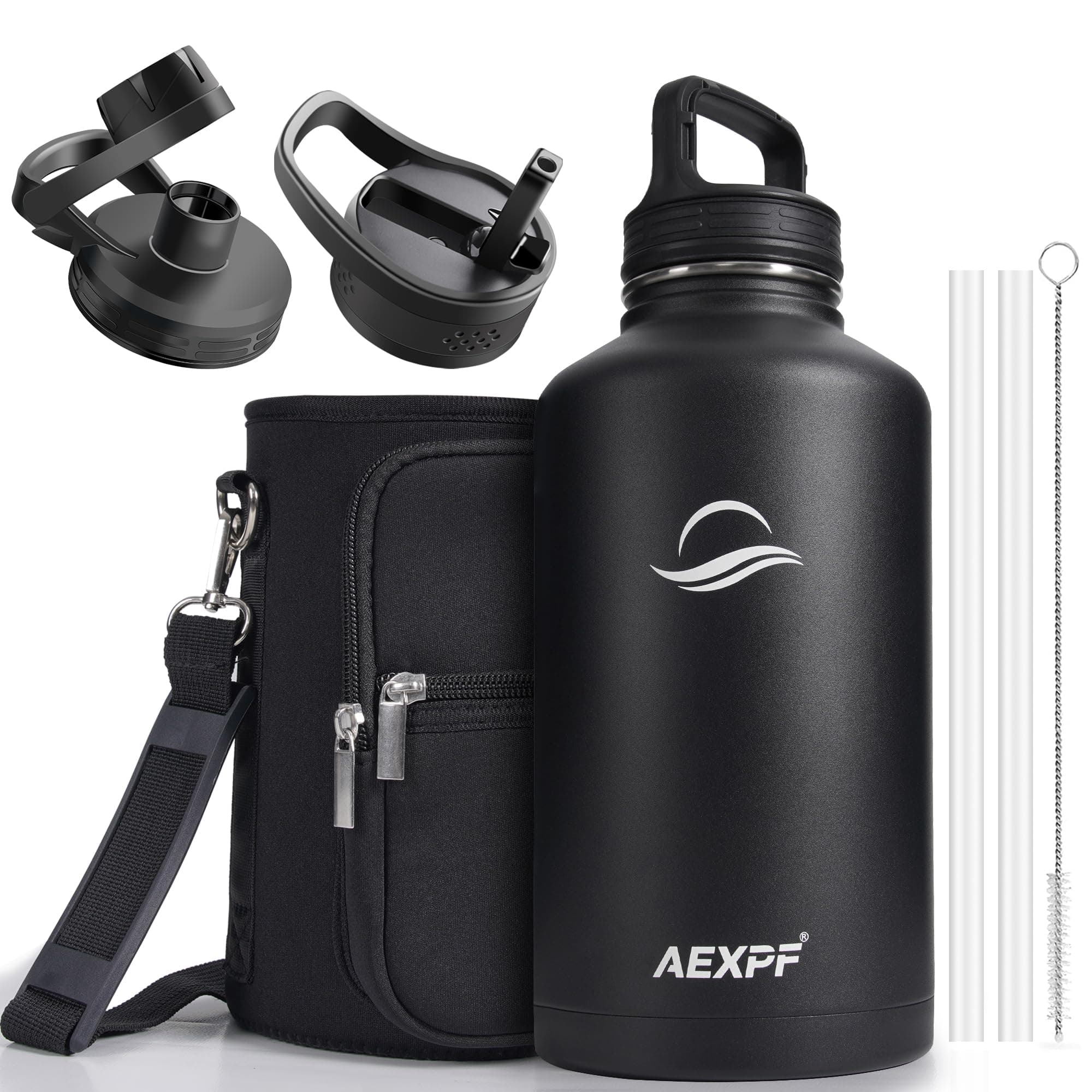 Large Insulated Water Jug, 64 oz Stainless Steel Straw Bottled for Gym and Camping, Black