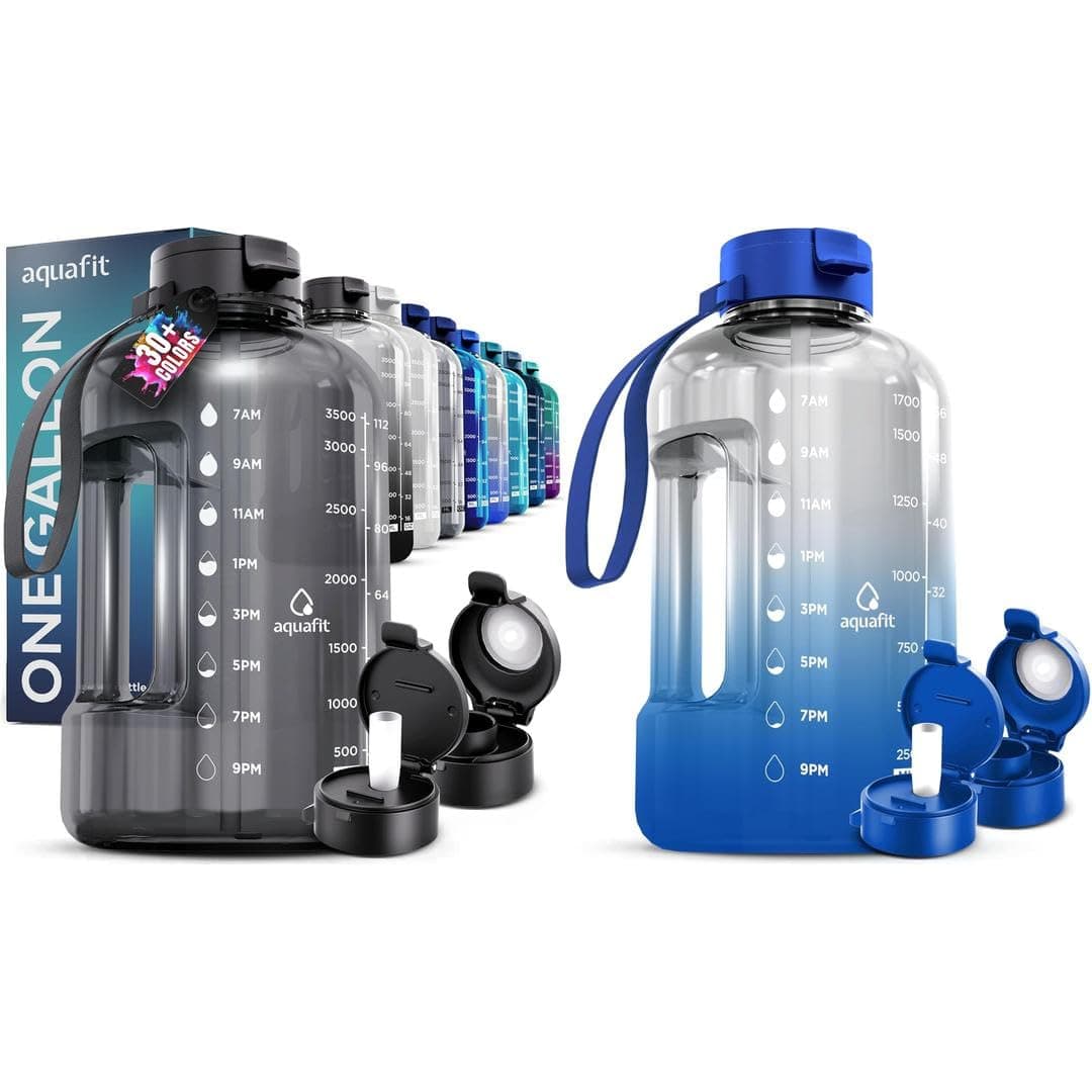AQUAFIT 2-Pack: Half Gallon & 1 Gallon Water Bottles with Time Markers