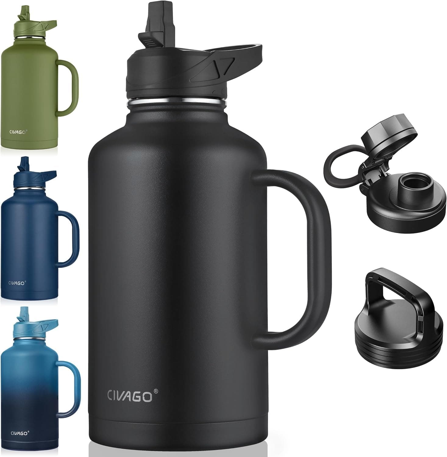 CIVAGO 64 oz Insulated Water Bottle with Straw & Handle, Black