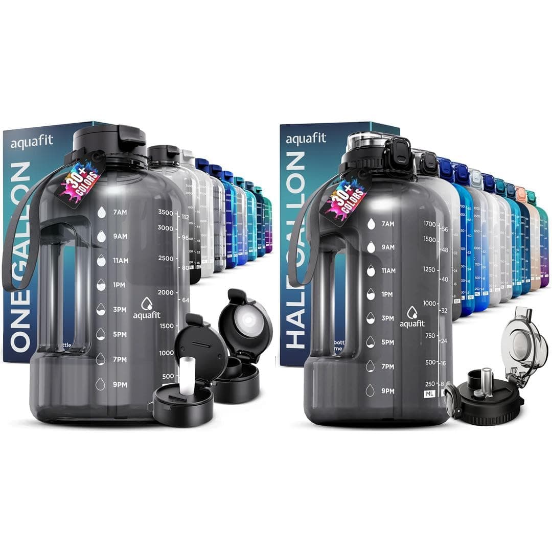 AQUAFIT 2-Pack Water Bottles - Half & Gallon with Time Markers & Straws