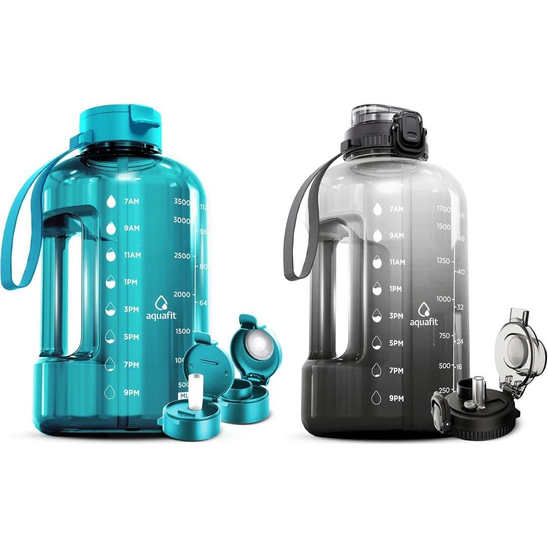 AQUAFIT 2 Pack - 1 Gallon & 64 oz BPA Free Gym Bottles With Straw