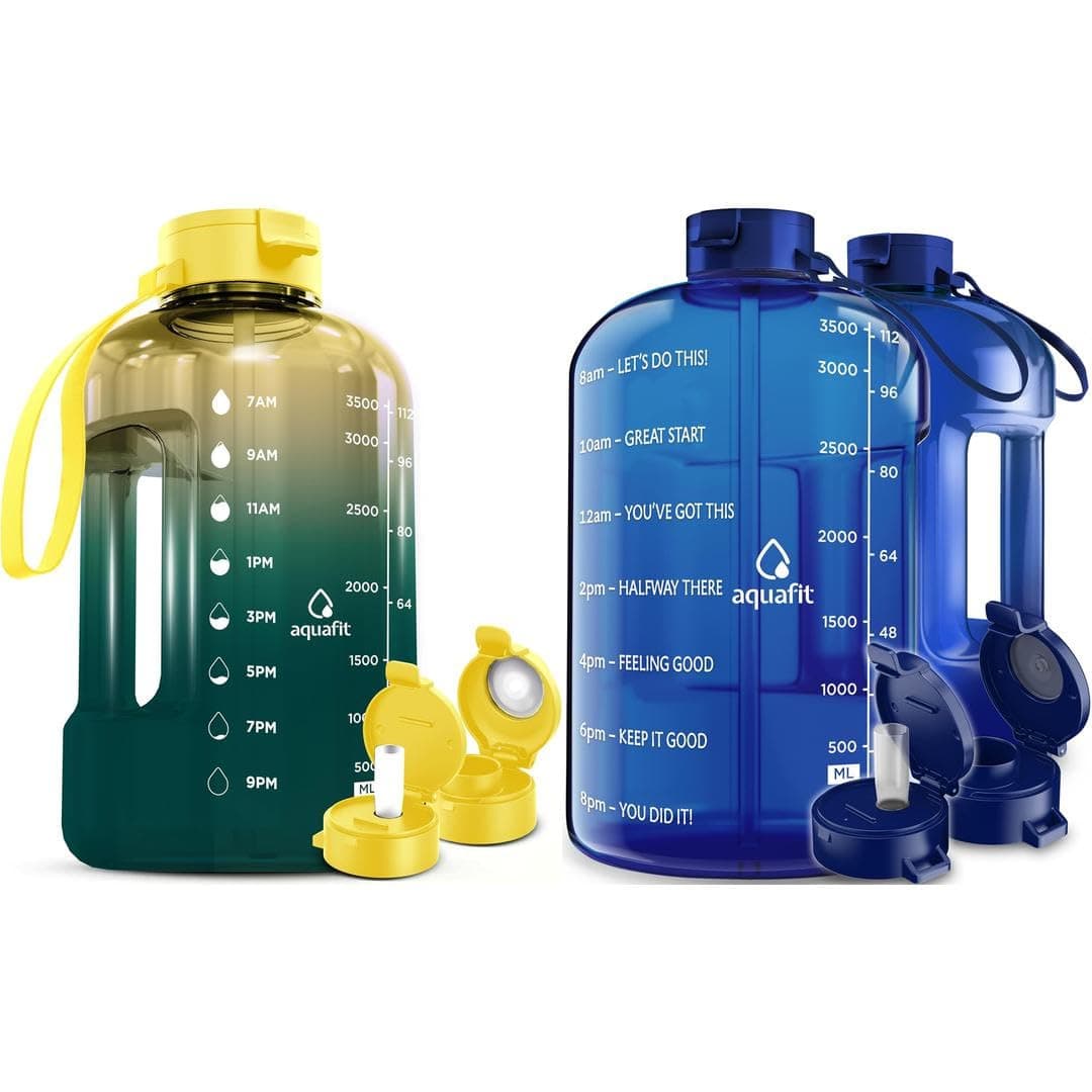AQUAFIT 2 Pack - 1 Gallon Water Bottle With Time Marker - BPA Free Gym Bottle