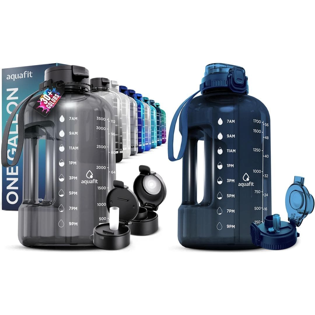 AQUAFIT 2 Pack - Half & Gallon Water Bottles with Time Markers - Straw & Chug Lid
