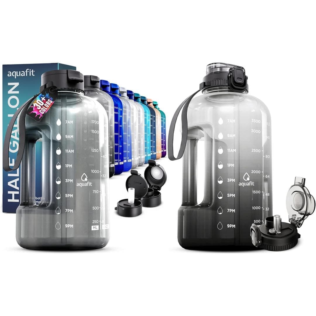 AQUAFIT 2 Pack - 1 Gallon With Time Marker + 64 oz Half Gallon Straw Bottles - BPA Free Gym Bottles
