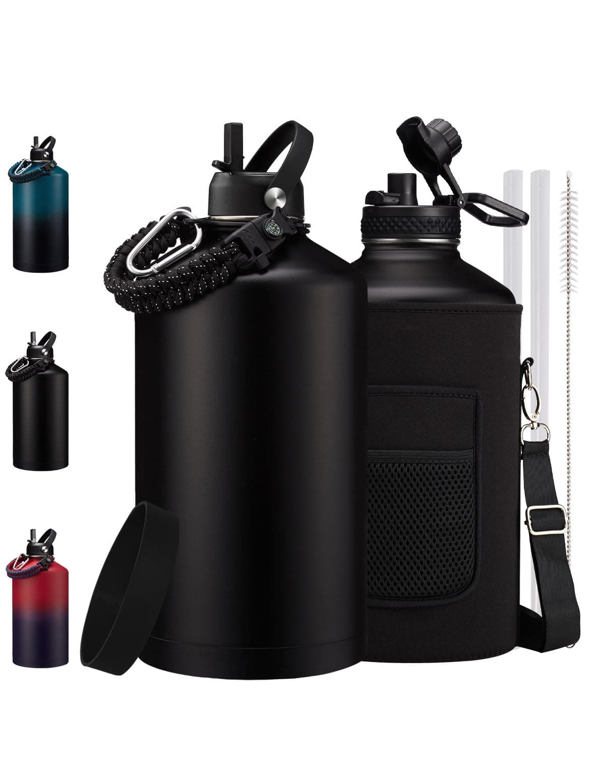 Stainless Steel Insulated 128oz Water Bottle - Keep Cold 48H, Straw Lid & Paracord Handle
