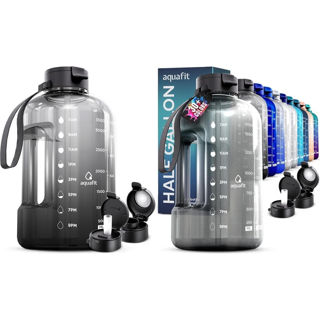 AQUAFIT 2-Pack Water Bottles, Half & Gallon, Time Markers, Straw Lid