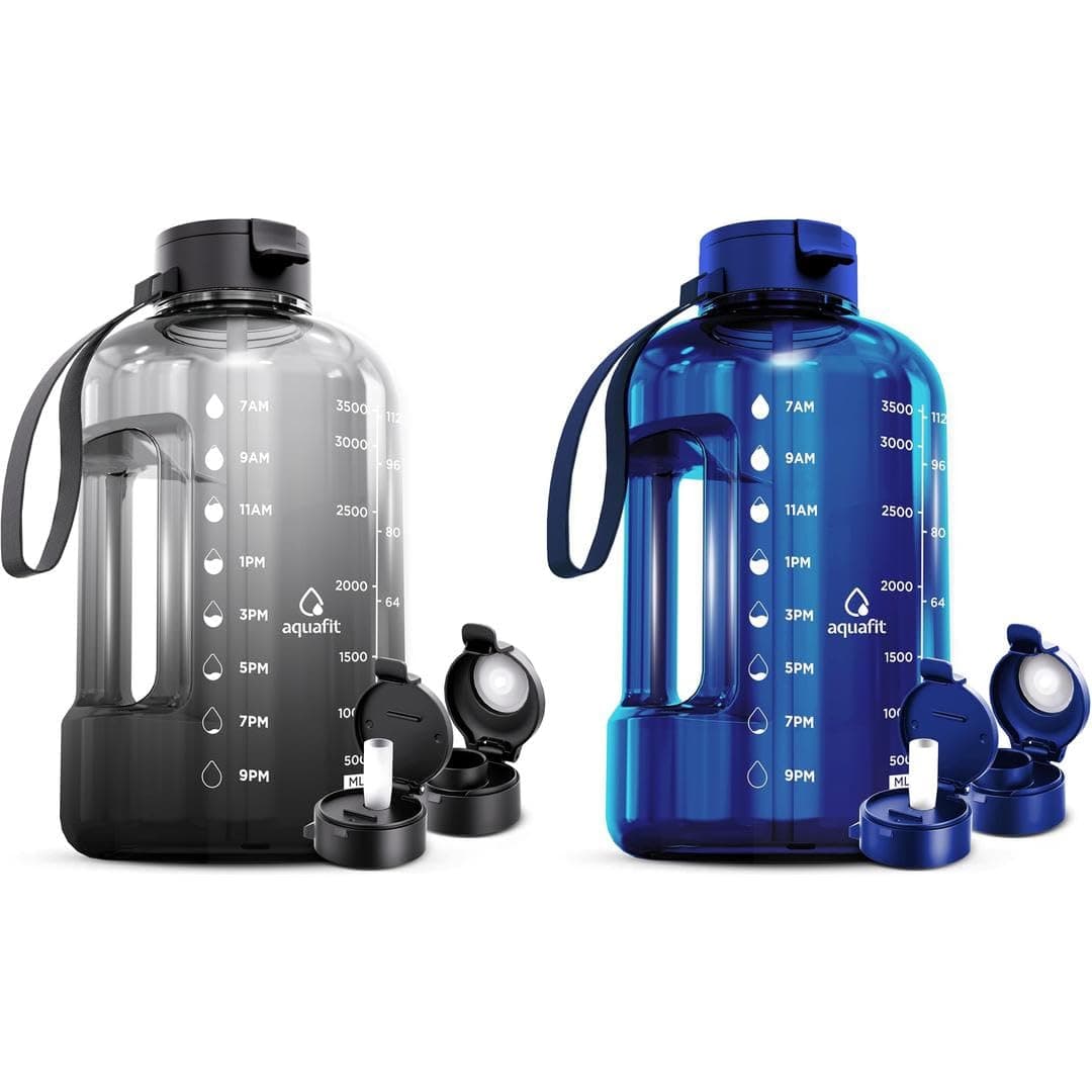2 Pack AQUAFIT 1 Gallon Water Bottles with Time Marker and Straw - BPA Free Gym Jug