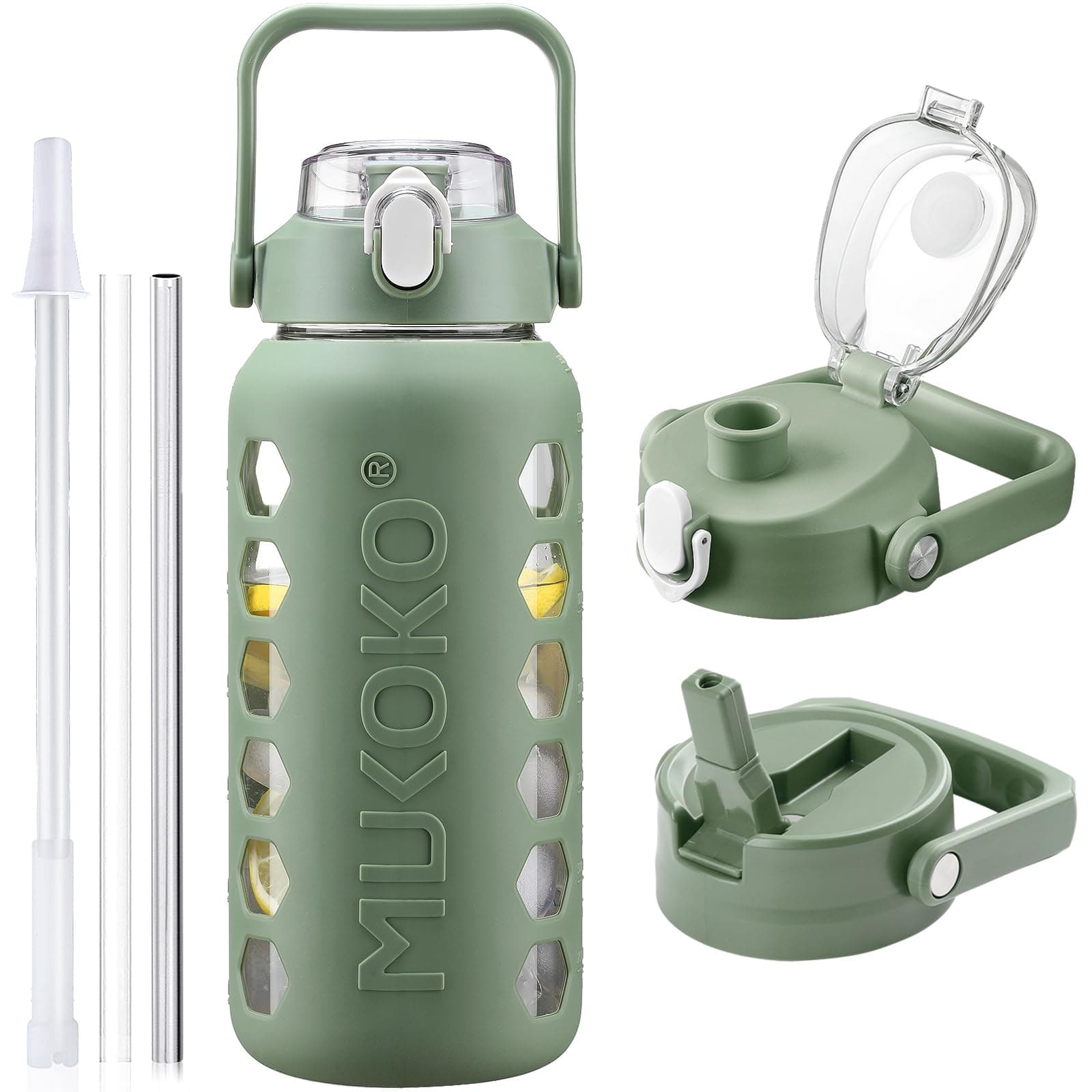 MUKOKO 64oz Glass Water Bottle with Straws & Silicone Sleeve