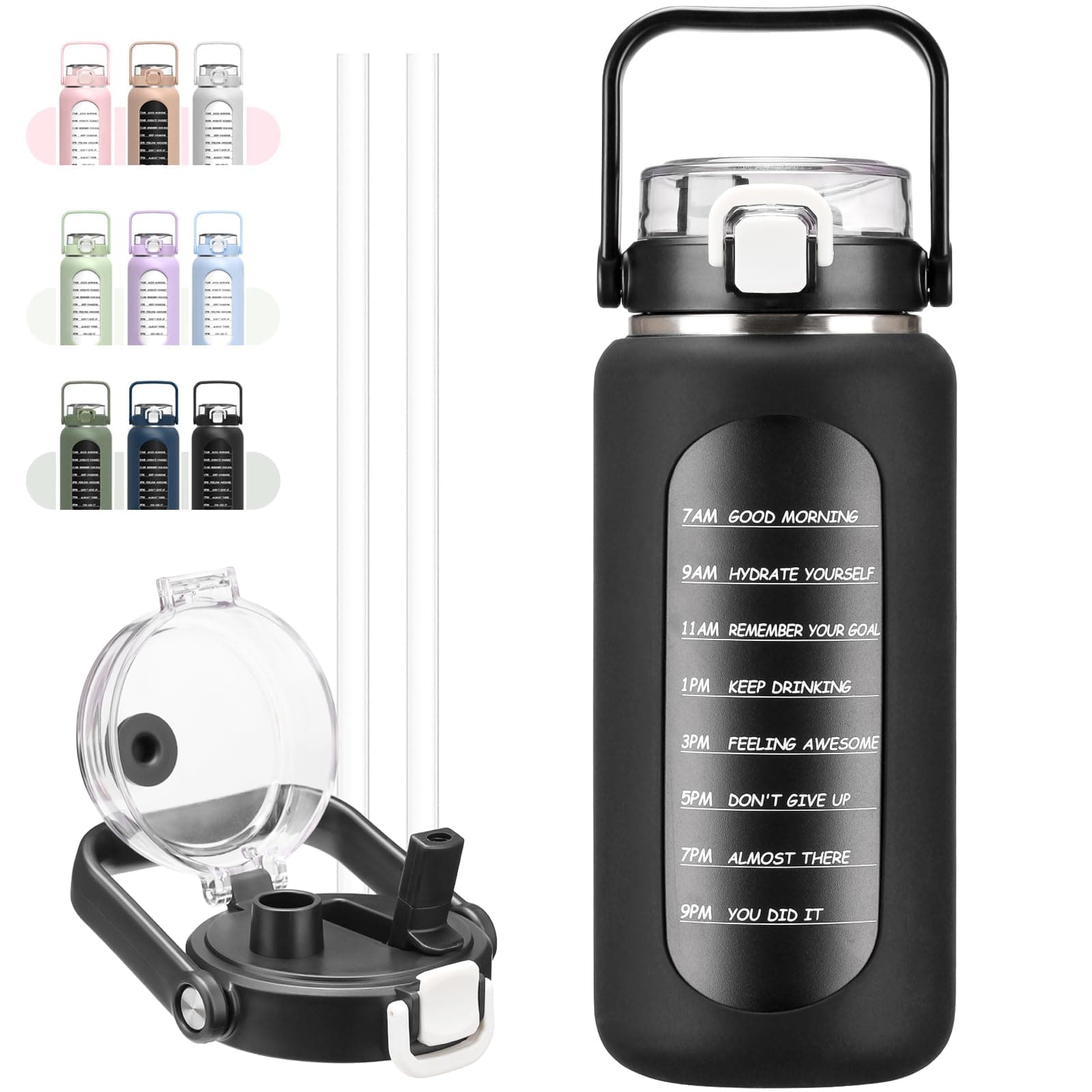 BLUEGO 64oz Insulated Water Bottle, Leakproof Straw Lid, Stainless Steel Gym Travel-Black