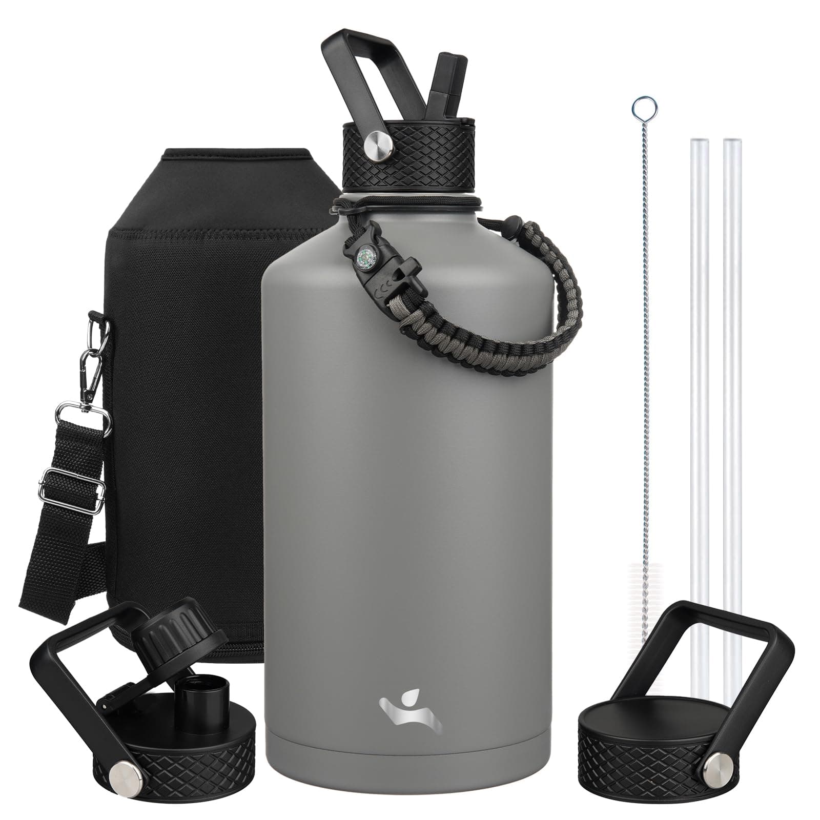 Gray Double Wall Insulated Water Bottle, 128 oz, 3 Lids, Paracord Handle, Carrying Bag
