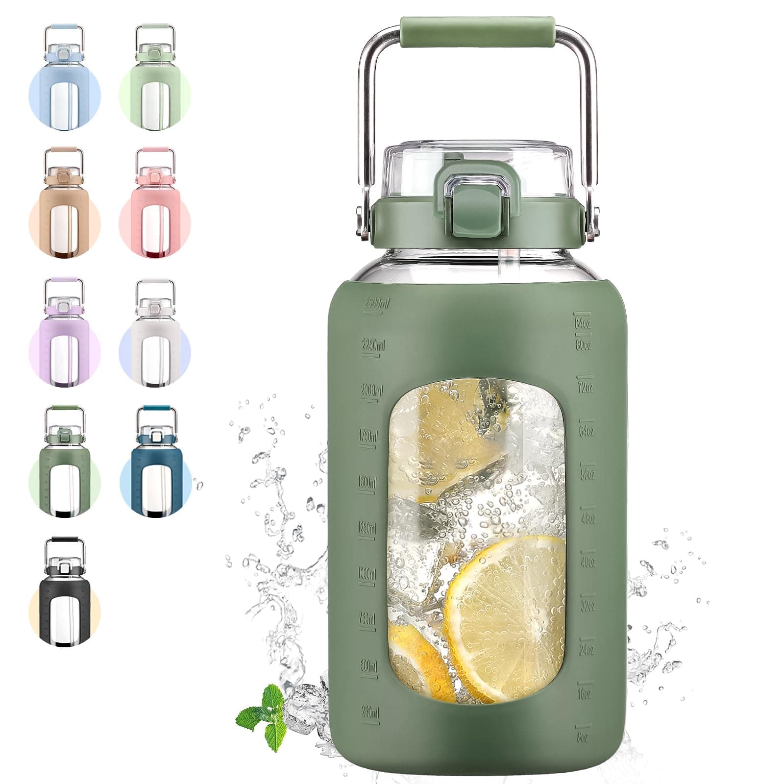Olive 84oz Glass Water Bottle, Stainless Steel Handle, Motivational Markers, Gym Workout Jug