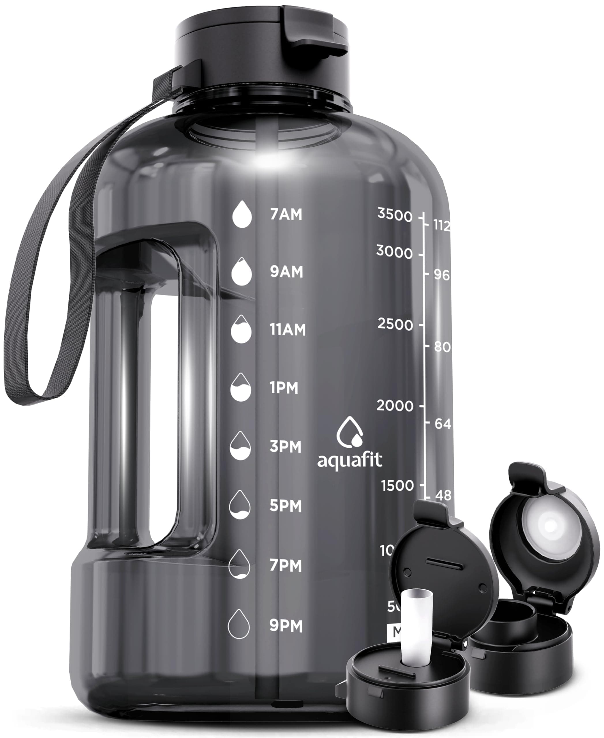 AQUAFIT 1 Gallon Water Bottle for Gym with Time Marker and Straw Lid - BPA Free Big Water Jug - Gray